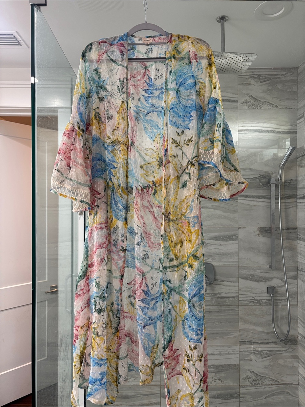🌈 Dizzy gal gauzy sheer watercolor floral robe with waist tie